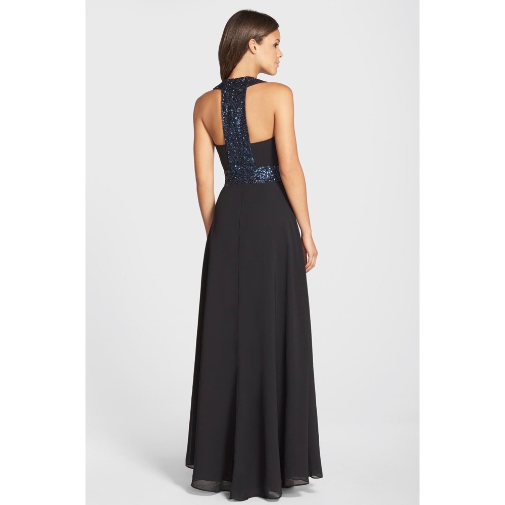 Dress The Population Sequin V-Neck Racerback Gown Black Navy Size Large Formal - Picture 2 of 9